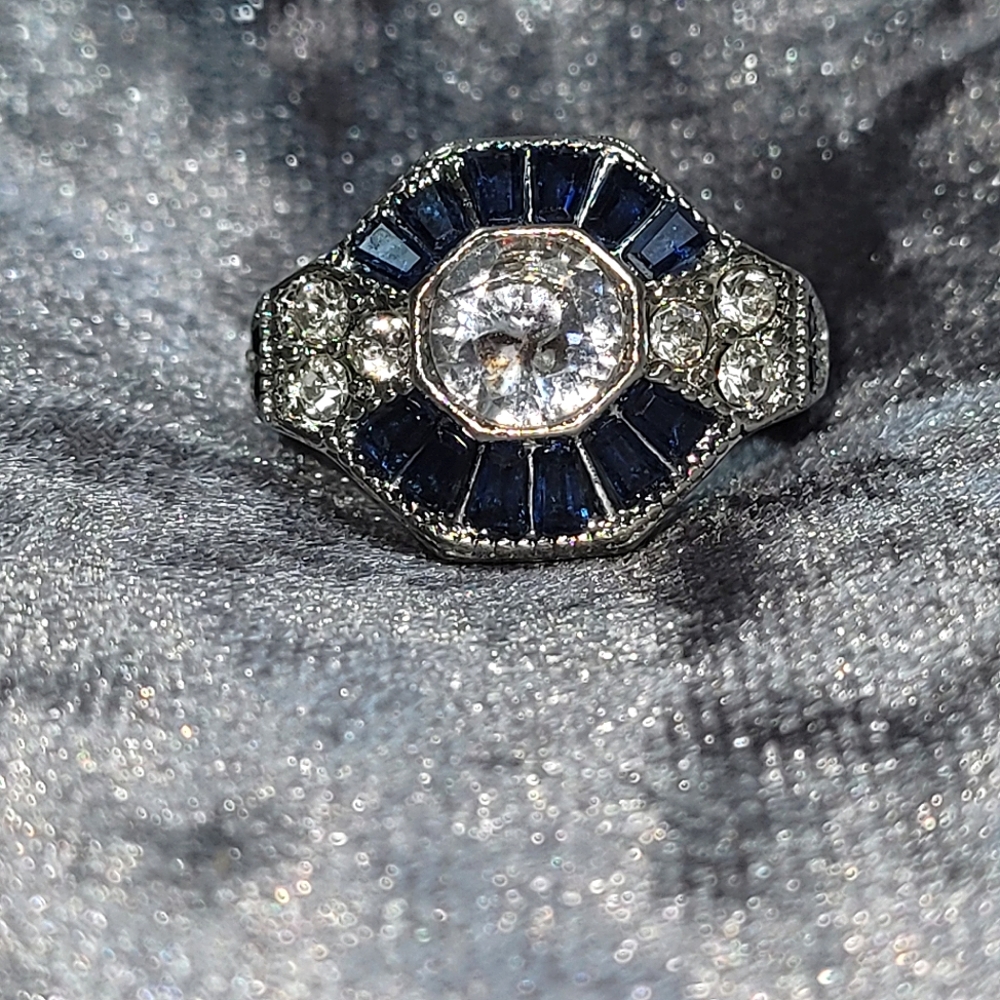 Blue Polygon CZ Zircon Art Deco Ring - Picture 3 of 7
